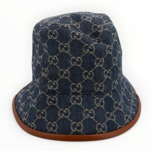 Gucci Denim GG Bucket Hat Blue With Brown Leather Trim Size Medium